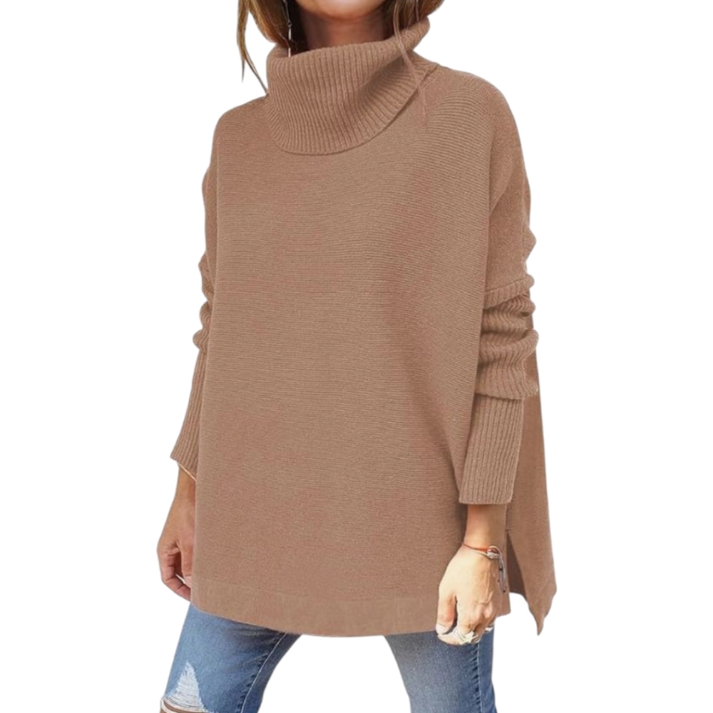 Women's Oversized Turtleneck Sweater - Camel